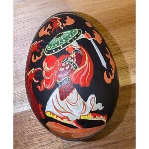 Black Wooden Russian Hand Painted Swordsman Warrior Dragon Signed Decorative Egg